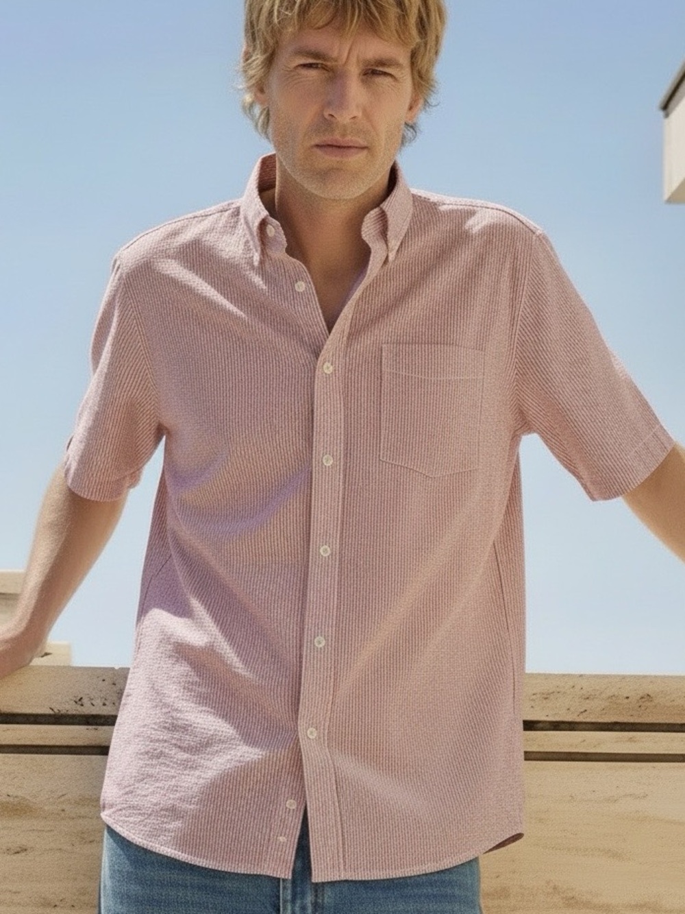 L.L. Bean Men’s Pink Str Seersucker, Short Slv. Traditional Fit Button Down SZ L